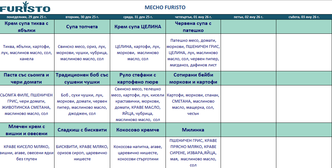 меню детска кухня с месо пловдив